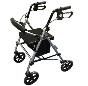 Lightweight rollator – mobility support with comfort Lightweight rollator walker with four wheels, hand brakes, and a built-in seat, perfect for safe walking assistance in Tenerife.