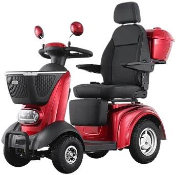 Superior electric mobility scooter built for long journeys, with basket, mirrors and lights, available for rent in Tenerife