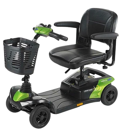 Small electric mobility scooter Colibri, in colour Green, front basket and mirrors, available for rent in Tenerife