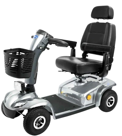 Medium-sized mobility scooter Leo, with cushioned seat, basket, and mirrors, available for rent in